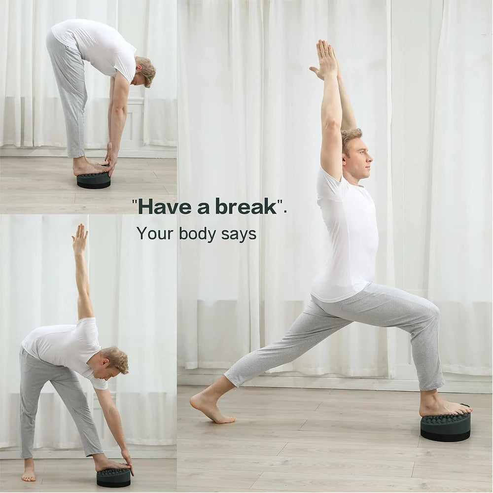 Man doing yoga stretches using a grey, textured silicone foot rest stool for plantar fasciitis relief at home.