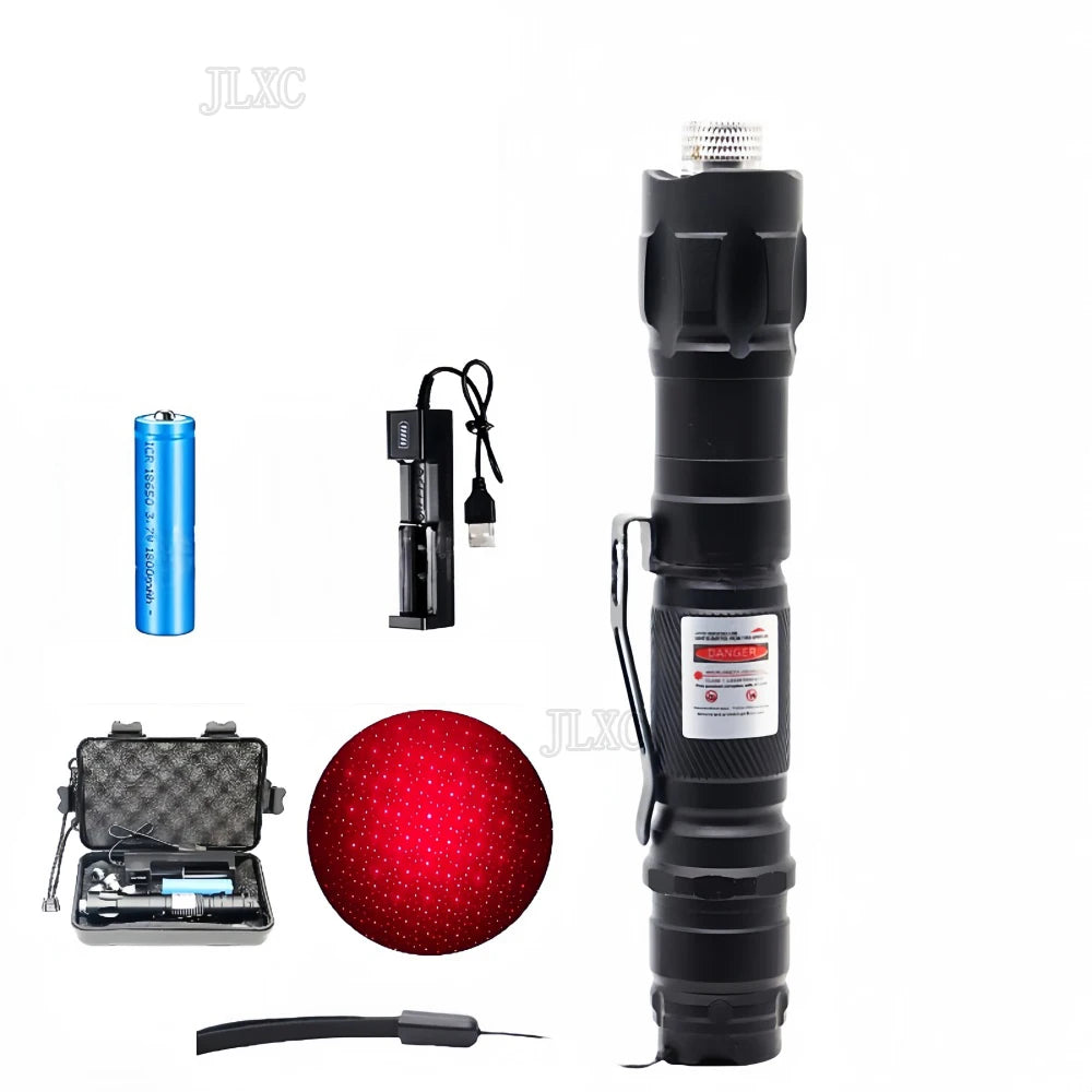 Black adjustable green laser pointer set with battery and charger for interactive cat exercise and pet training.