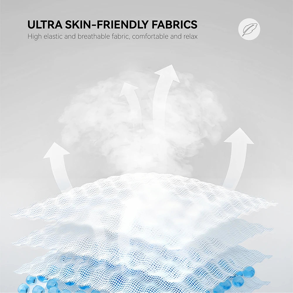 Close-up of white, breathable, elastic mesh fabric showing airflow with arrows on a gray background.