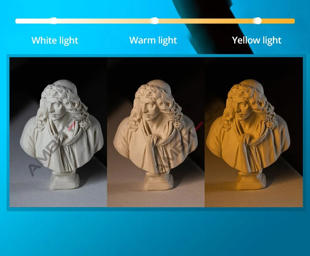 Small white resin bust sculpture shown under three adjustable color temperature settings: white, warm, and yellow light.