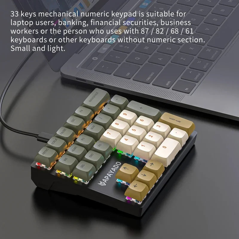 K33 Wired Mechanical Numeric Keypad With Multi-color Lights  Suitable for Finance, Business, 33-Key Laptop Numeric Keyboard
