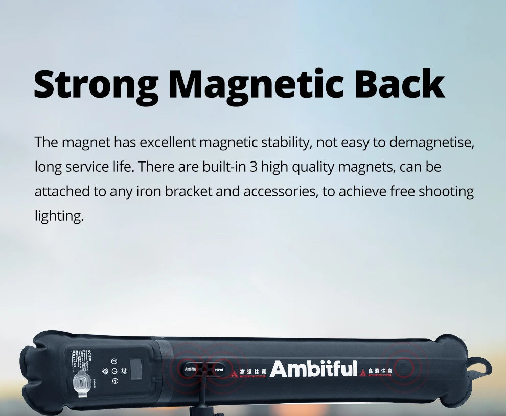Black cylindrical LED light wand with built-in magnets on the back for mounting to metal surfaces for photography.