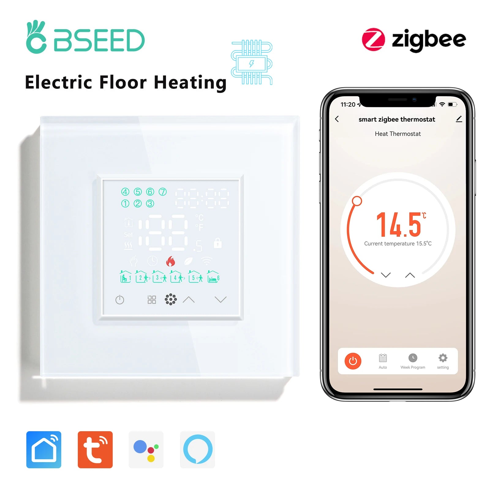 White electric floor heating Zigbee thermostat with built-in touch display and app control