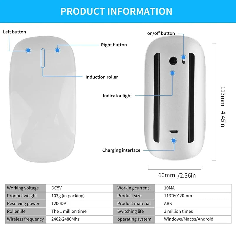 Upgrade Wireless Bluetooth Magic Computer Mouse Rechargeable Touch Slim Ergonomic Dual-Mode Silent PC Mice For Apple Macbook Air