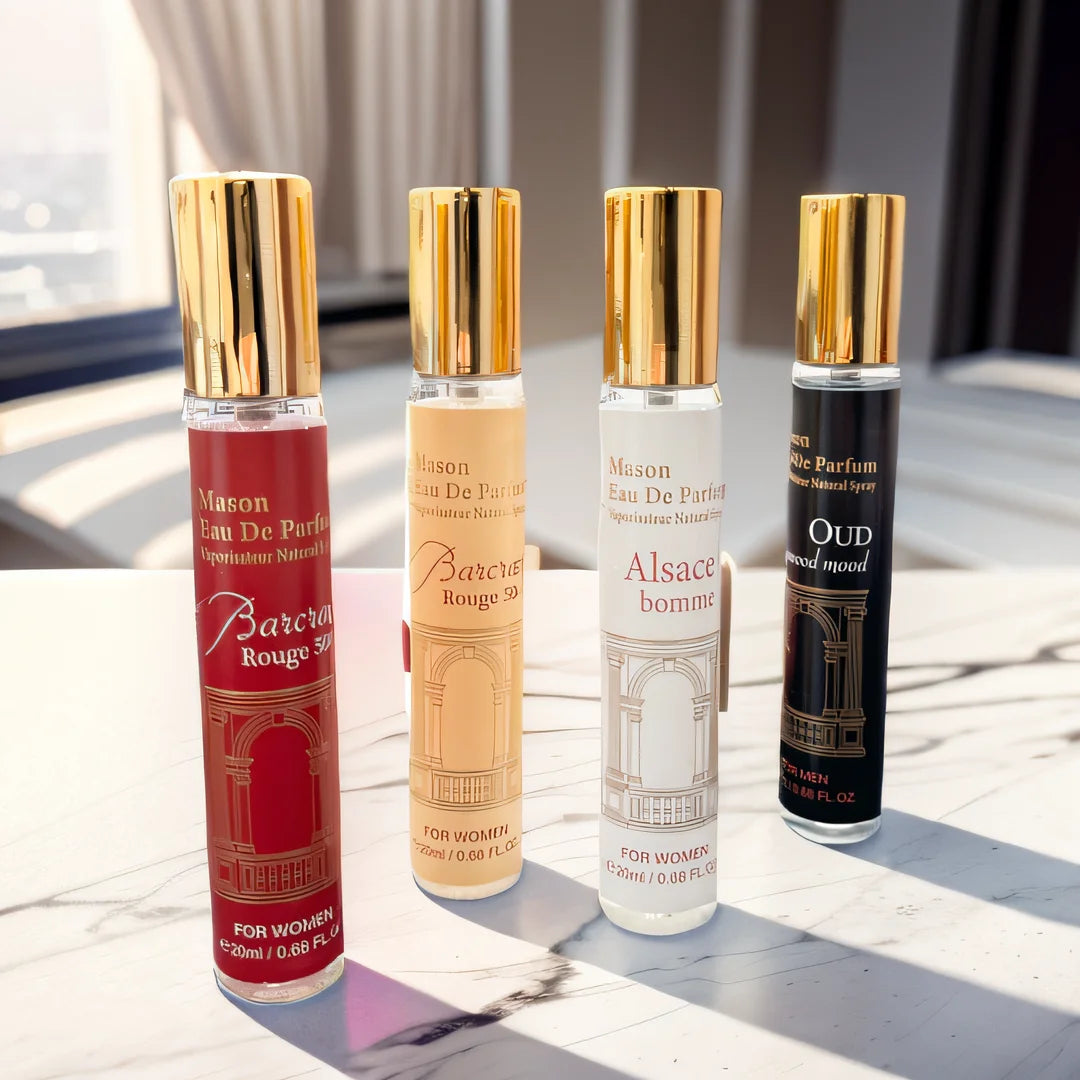 Mason Eau de Parfum travel spray set: Women’s fragrance collection featuring Rouge, Alsace, and Oud scent bottles.