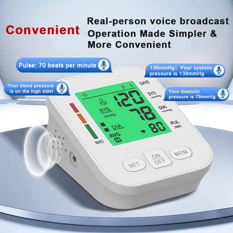 Upper Arm Blood Pressure Monitor Automatic Cuff Tonometer Digital Tensiometer Rechargeable Blood Pressure Meter Heart Rate Meter