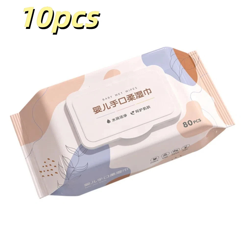 10-pack of baby wet wipes, 80 count per pack. Gentle baby care cleaning wipes with modern, minimalist floral design.