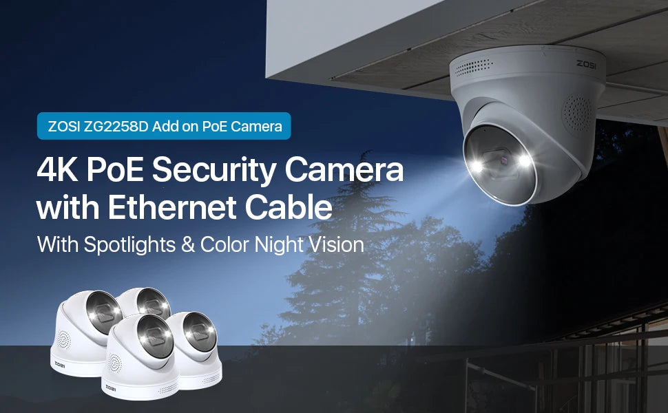 ZOSI 8MP 5MP PoE Dome Camera Set Outdoor/Indoor AI Human Car Detection 2-Way Audio Color Night Vision Surveillance IP Camera Kit