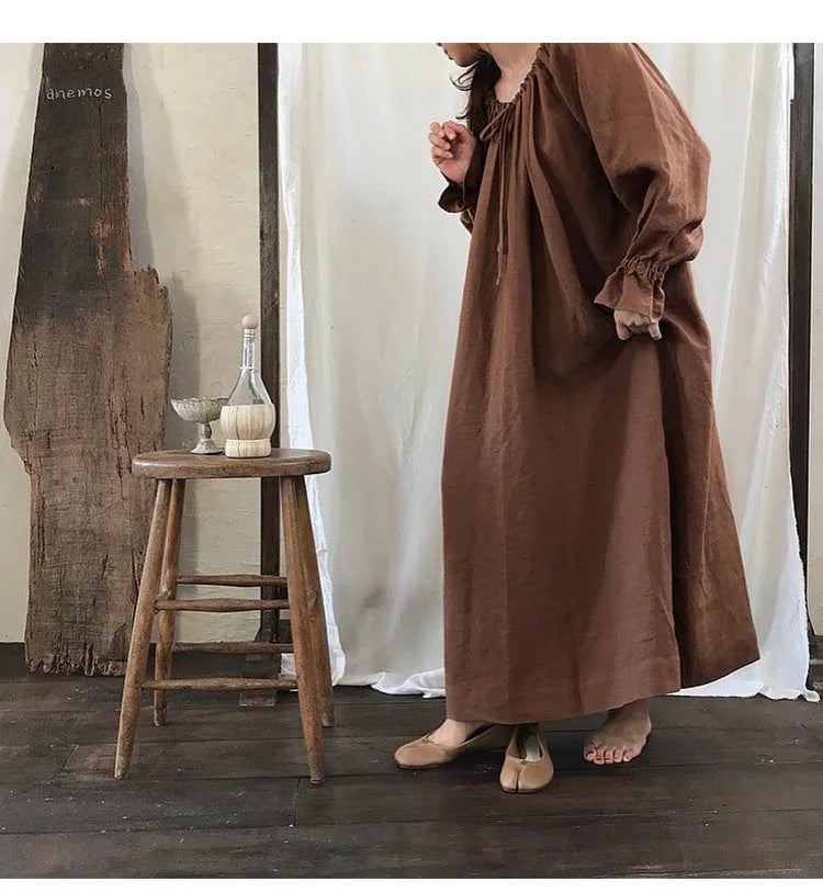 Original New Spring Vintage Cotton Linen Dress for Women Solid Long Sleeve Drawstring Linen One-Piece Dress Maxi Dress