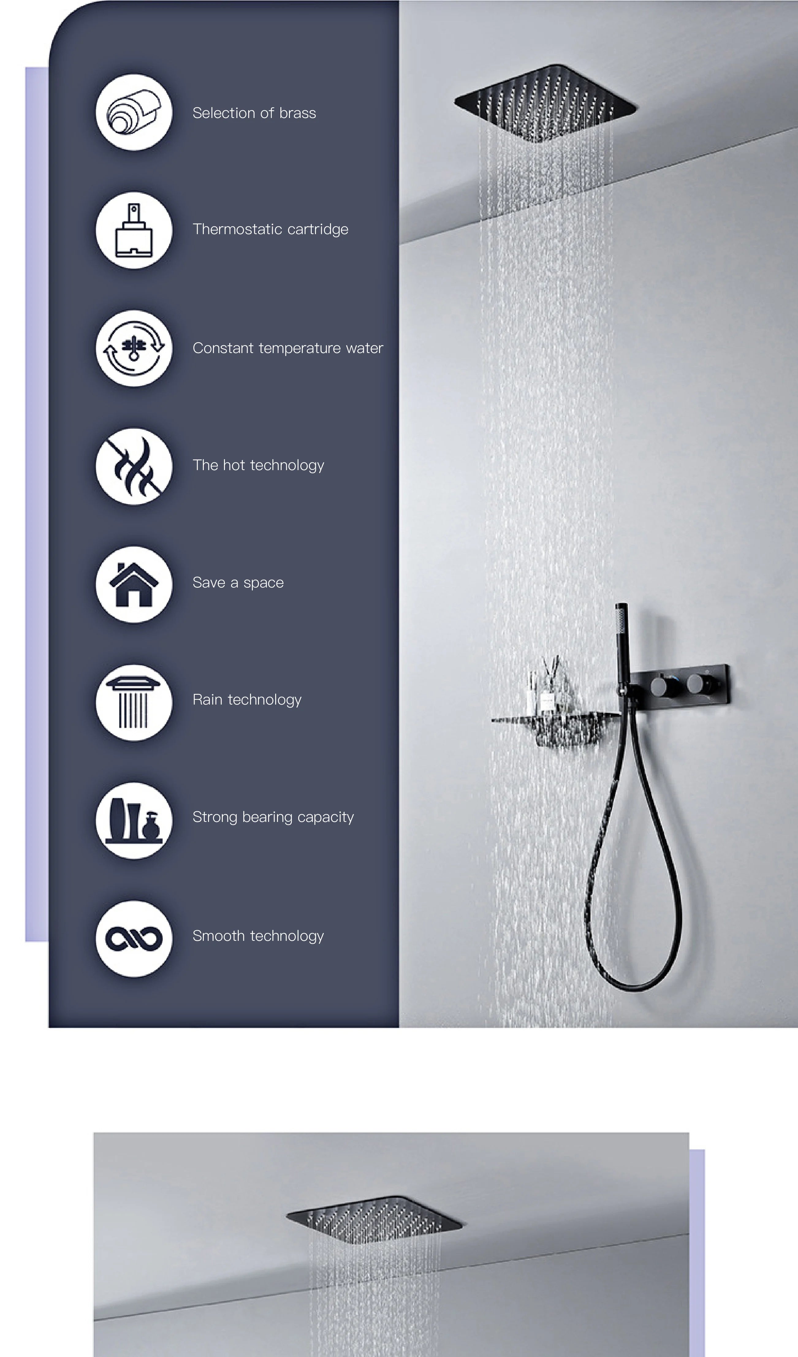 Modern Black Brass Bathroom Thermostatic Ceiling Type Shower System Wall-Mounted 3-Function Waterfall Tap for Cold & Hot Wate