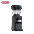 HiBREW black electric coffee bean grinder with clear hopper, stainless steel accents, and collection container.