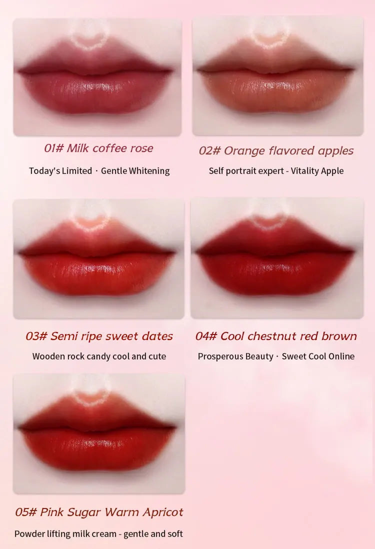 Swatch of 5 moisturizing, highly pigmented liquid lip glazes in rose, orange, brown, and red glossy shades.