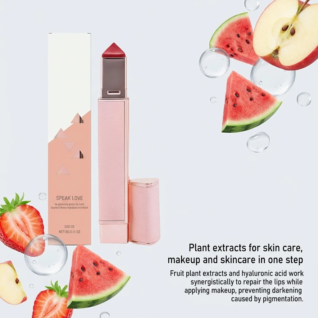 Glossy hydrating lip balm stick in rose gold tube with fruit extracts for plump, moisturized, non-chapped lips.
