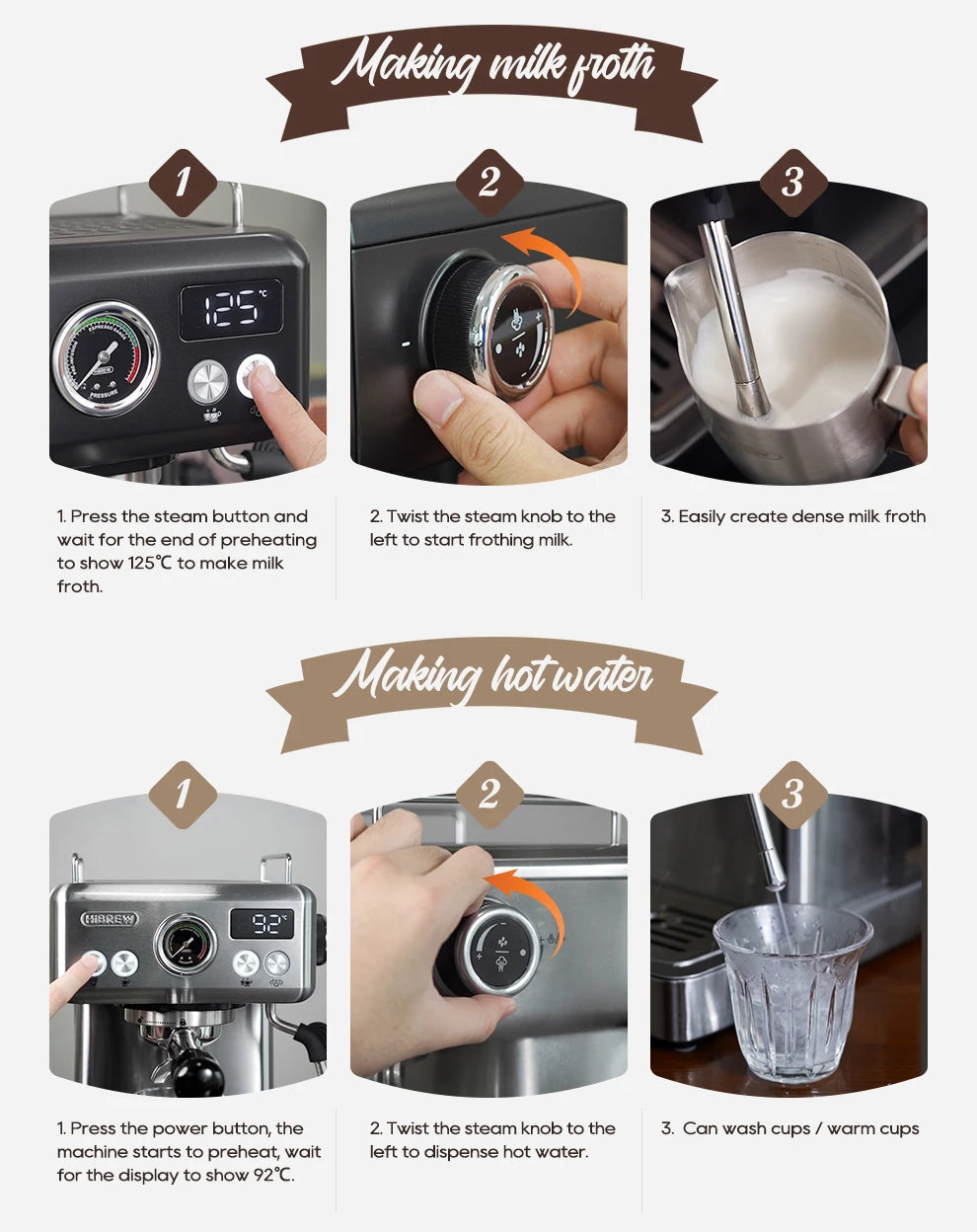 HiBREW espresso machine manual guide showing milk frothing and hot water steps on a stainless steel coffee maker.