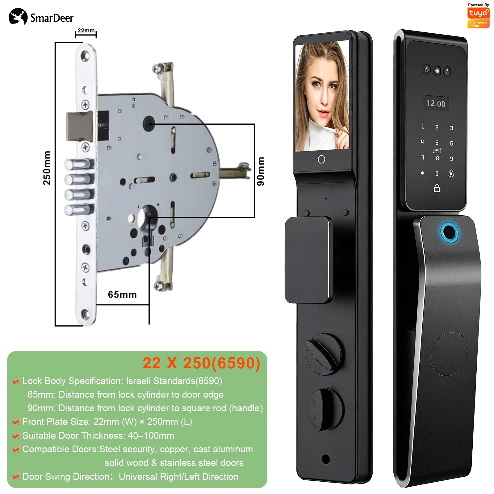 SmarDeer IP66 Outdoor Waterproof Smart Lock,3D Facial & Palm Vein Recognition Lock,Tuya WiFi Keyless Entry Security Lock