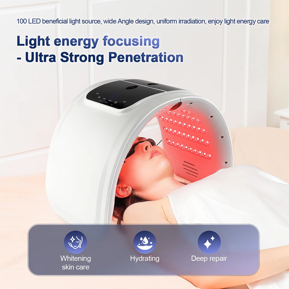 White, arch-shaped LED light therapy machine over a person wearing protective eyewear for facial skin rejuvenation.