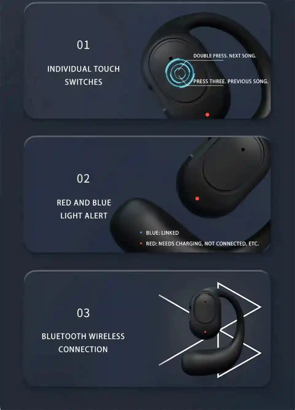 Wireless Single Earbud with Earhook - Bluetooth 5.3 Black - Tidesmit Tidesmit