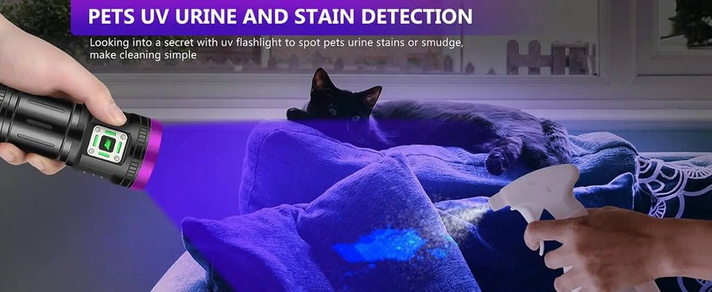 120W UV flashlight for pet urine detection, 9-core LED blacklight for cleaning cat stains on couch, USB rechargeable.