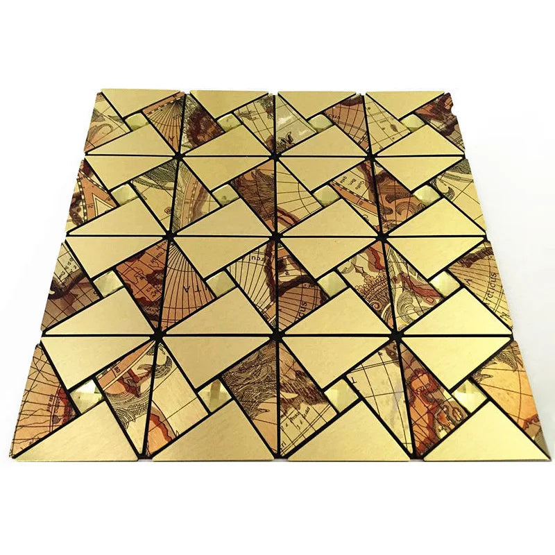 Self-adhesive mosaic wall tile sheet, beige and brown geometric triangles with warm mottled texture