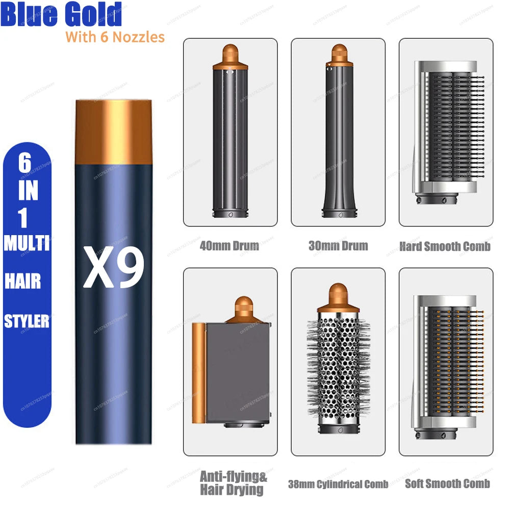 Sencimen X19 6-in-1 blue and gold hair styler set with auto-curling barrels, brushes, and professional dryer nozzles.