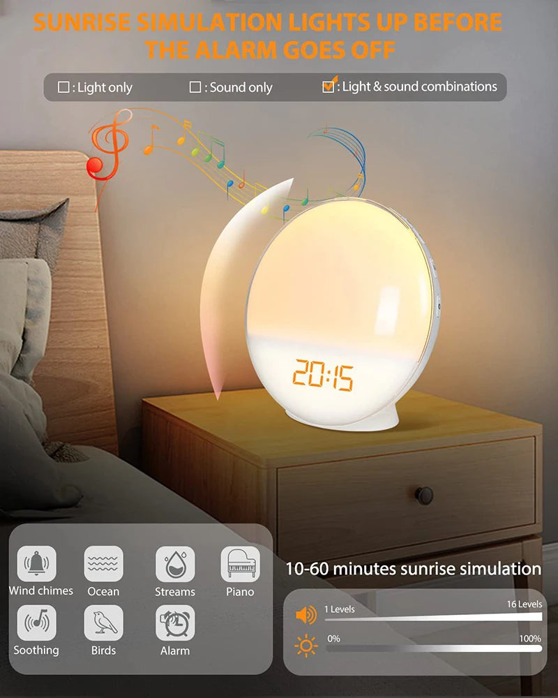 Smart Wake Up Light Alarm Clock Digital Desk Clock with Natural Sounds BT Speaker APP Control FM Radio Nightlight