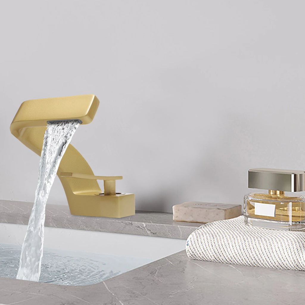Gold Bathroom Waterfall Mixer Tap Modern Washbasin Faucet Copper Basin Tap Elegant Lift Off Type