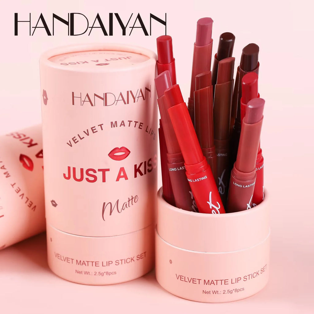 8-piece HANDAIYAN velvet matte lipstick set in pink gift tube with assorted long-lasting red and nude lip colors.