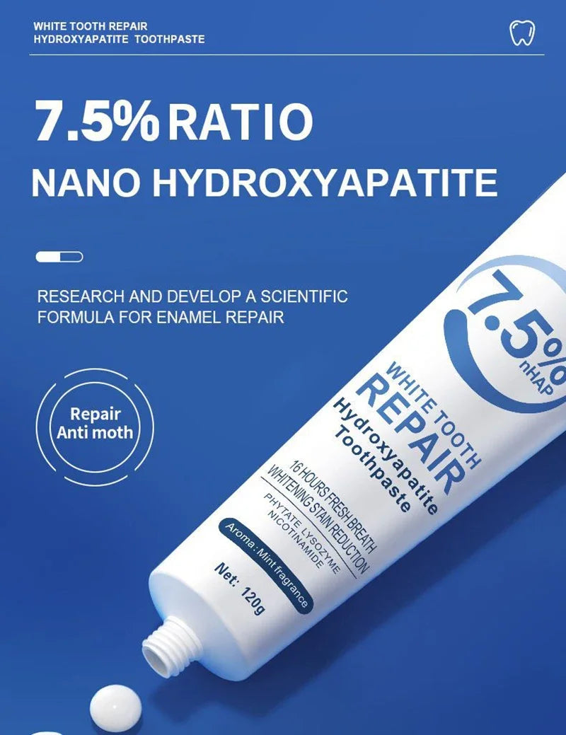 Tidesmit hydroxyapatite whitening toothpaste for plaque removal, stain brightening, and gum health support.