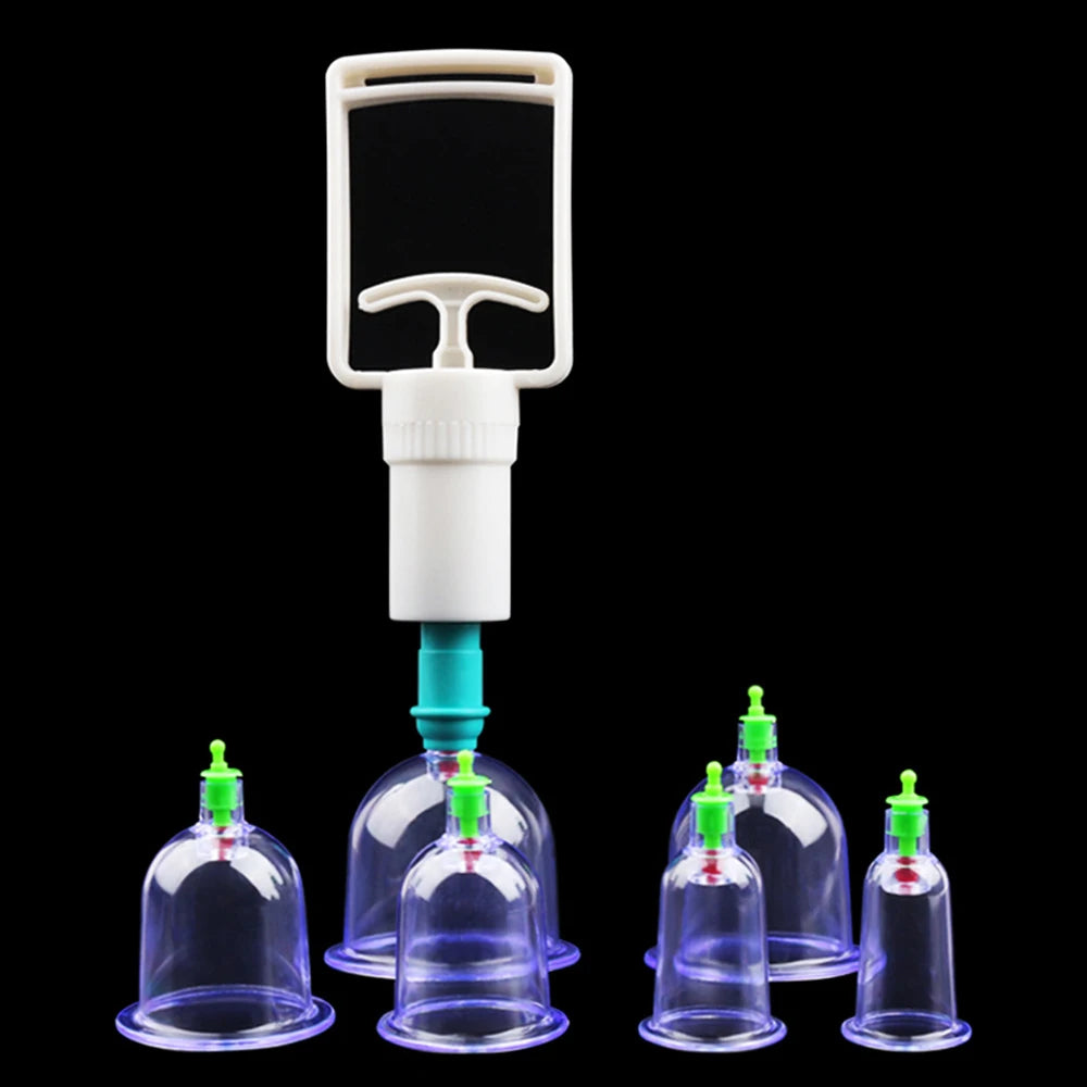 Cupping therapy set with a white plastic hand pump and six clear, graduated suction cups with green valves.
