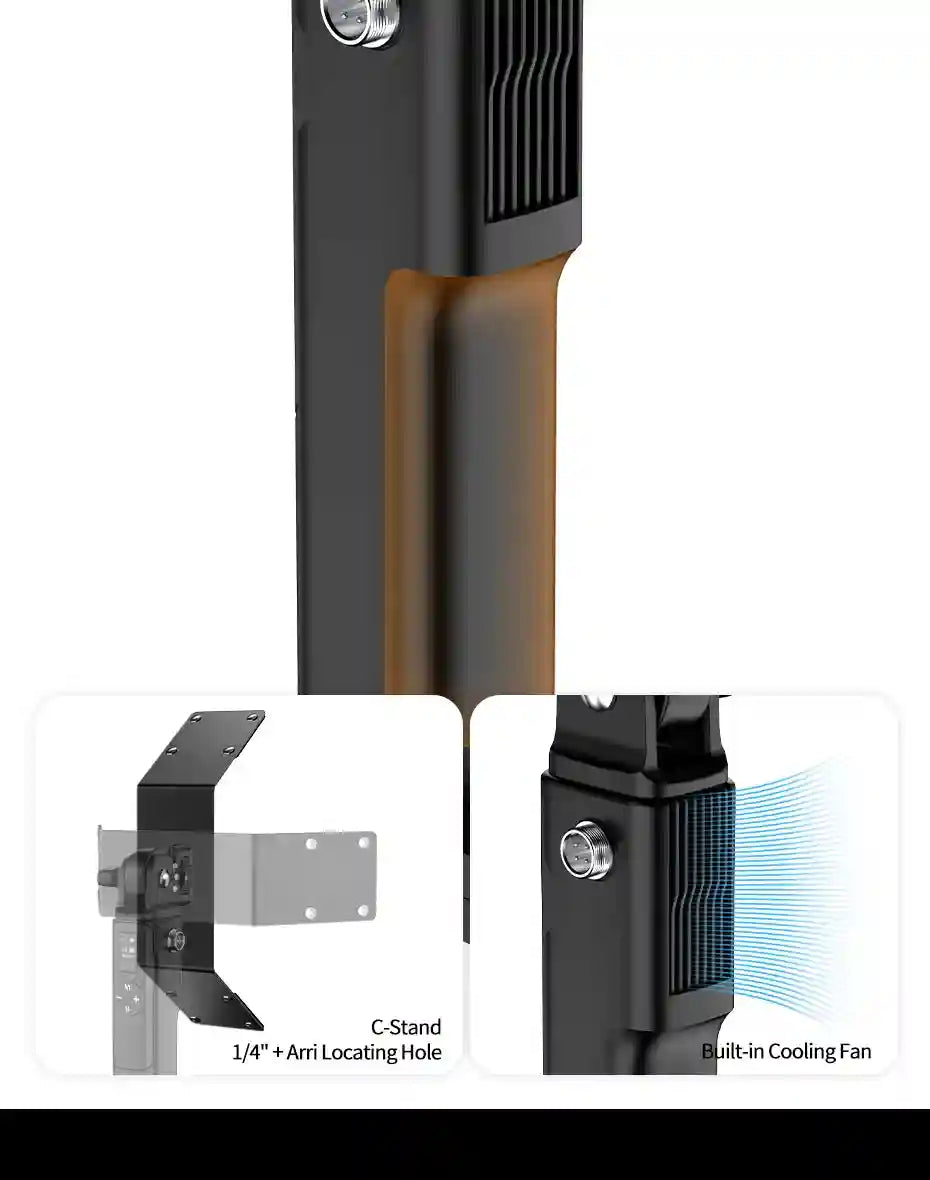 Black handheld LED light stick with built-in cooling fan, 1/4-inch mount, and Arri locating hole for video production.