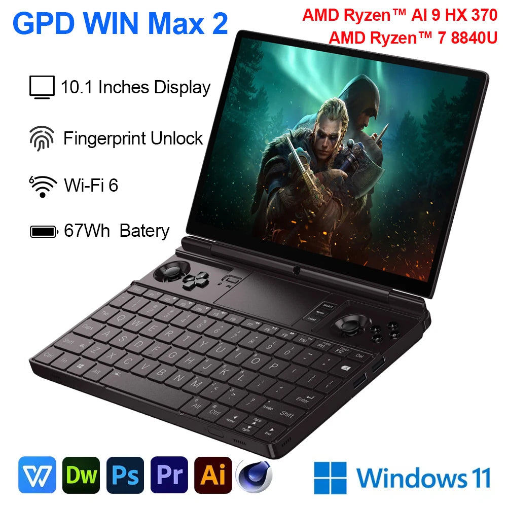GPD WIN MAX 2 Mini Laptop AMD AI 9 HX 370 32GB RAM 2TB SSD LPDDR5 Al PC 35w TDP 10.1'' Handheld Portable Computer for Business