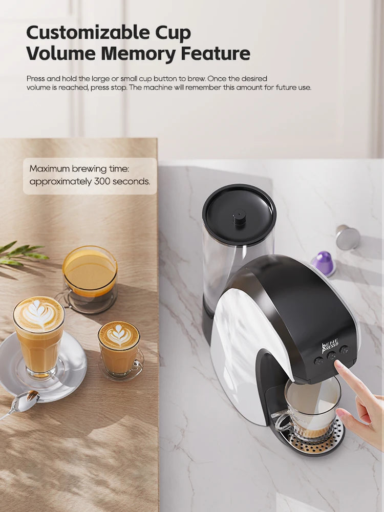 Bene Presso white and black single-serve espresso machine with customizable volume memory feature on kitchen counter.