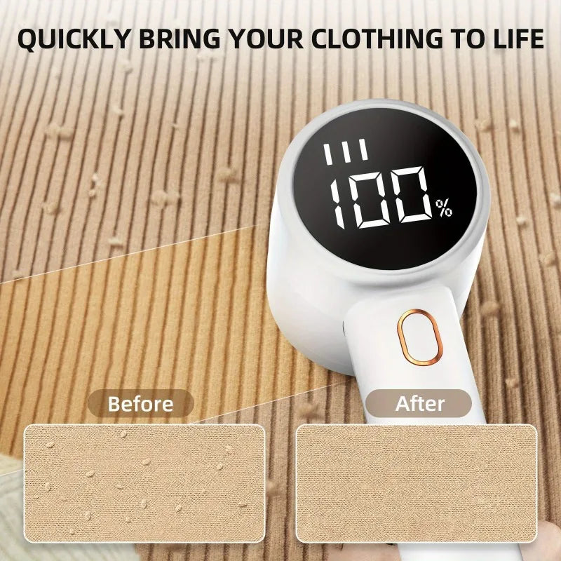 Tidesmit rechargeable fabric shaver showing digital LED display and 6-blade lint remover head for clothes maintenance