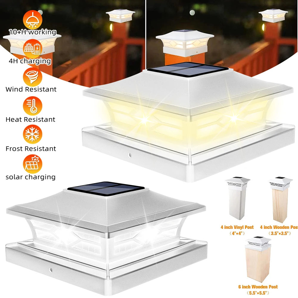 Solar Post Cap Light IP44 Waterproof Outdoor LED Fence Post Lights Fits 4x4 6x6 Wooden Post & 4x4 Vinyl Post Auto On/Off Solar Powered Deck Column Cap Lamp For Patio Garden Yard Decoration