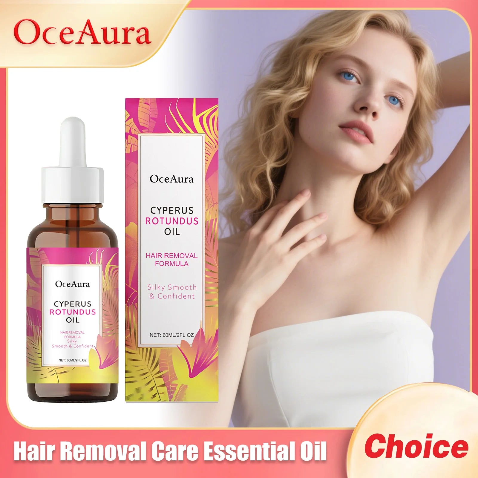 OceAura Cyperus Rotundus essential oil in a dropper bottle for soothing post-hair removal skin hydration and care.