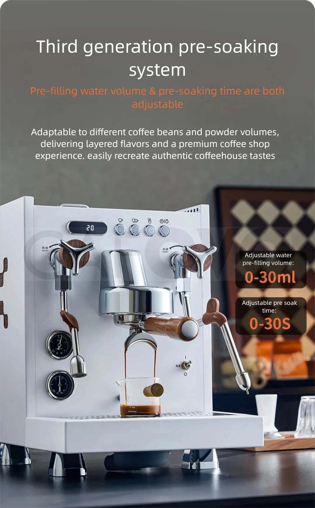 White Cafina espresso machine with chrome accents, wood handle, and adjustable pre-soaking digital control system.