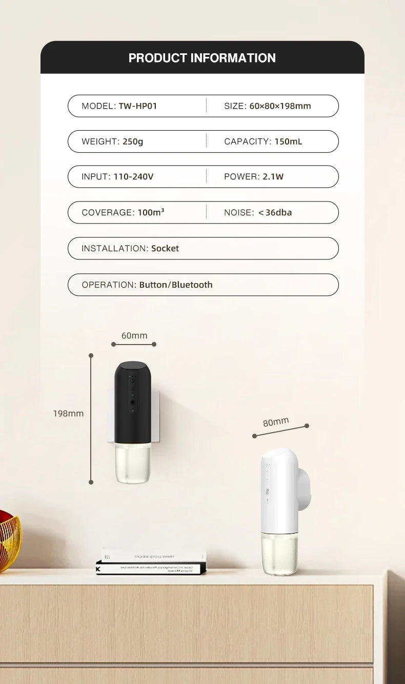 NAMSTE Wall Plug Aroma Diffuser Smart Bluetooth Control Fragrance Diffuser for Home Smell Air Freshener Automatic Spray Diffuser