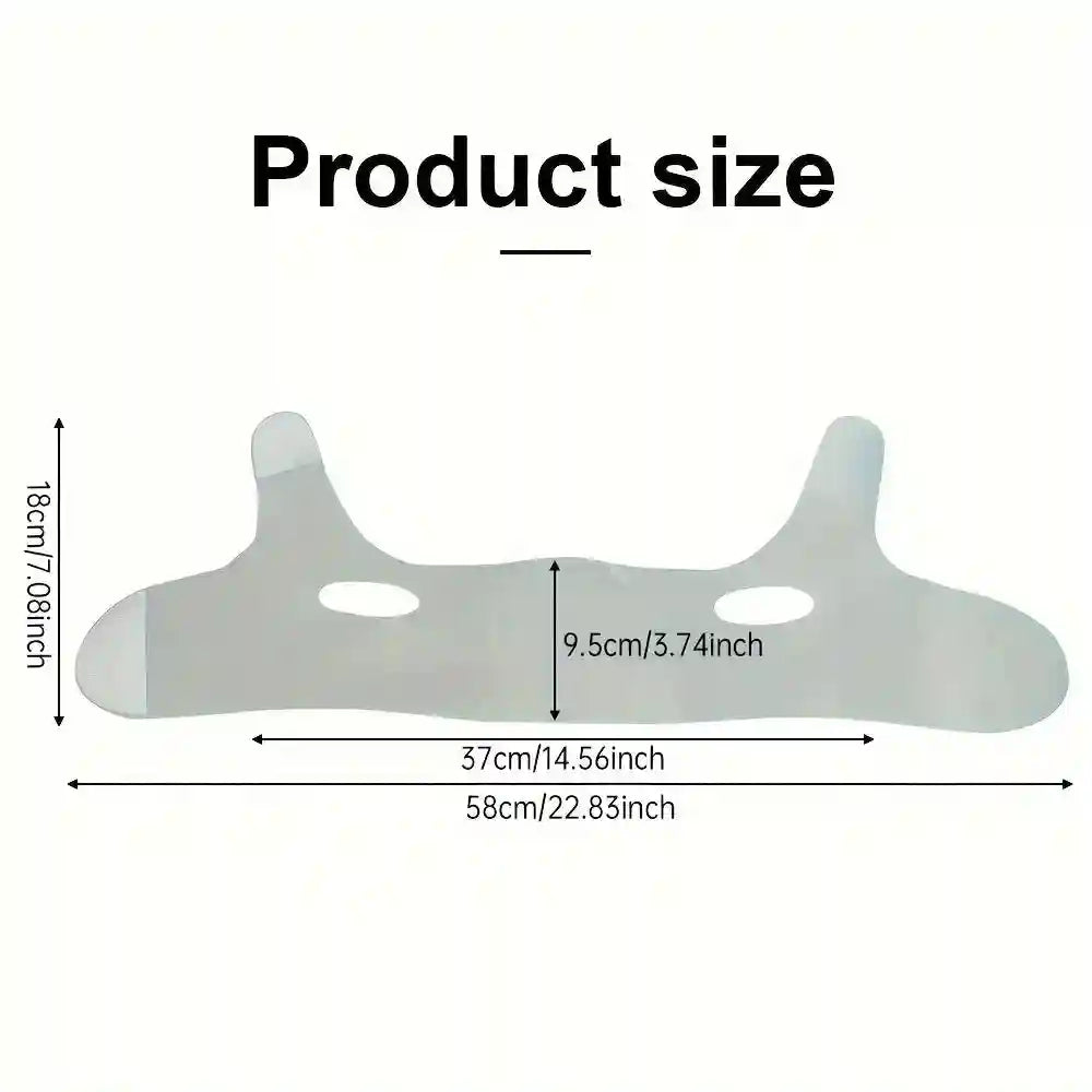 White reusable V-line face slimming bandage with ear holes and dimensions labeled in centimeters and inches.