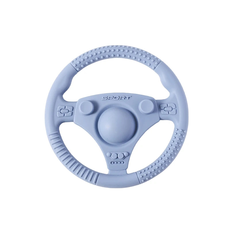 Blue silicone steering wheel baby teething toy for soothing sore gums.