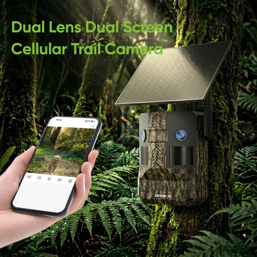 UCON 24MP 4G Solar Trail Camera Dual Screen Outdoor Cellular Trail Camera Dual PIR AI Animal Detection 0.2s Triggered Wildlife