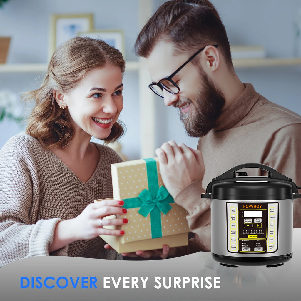 Electric pressure cooker with digital control panel beside gift box