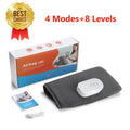 Gray fabric leg massager with white handheld controller, charging cable, manual, and branded product box.