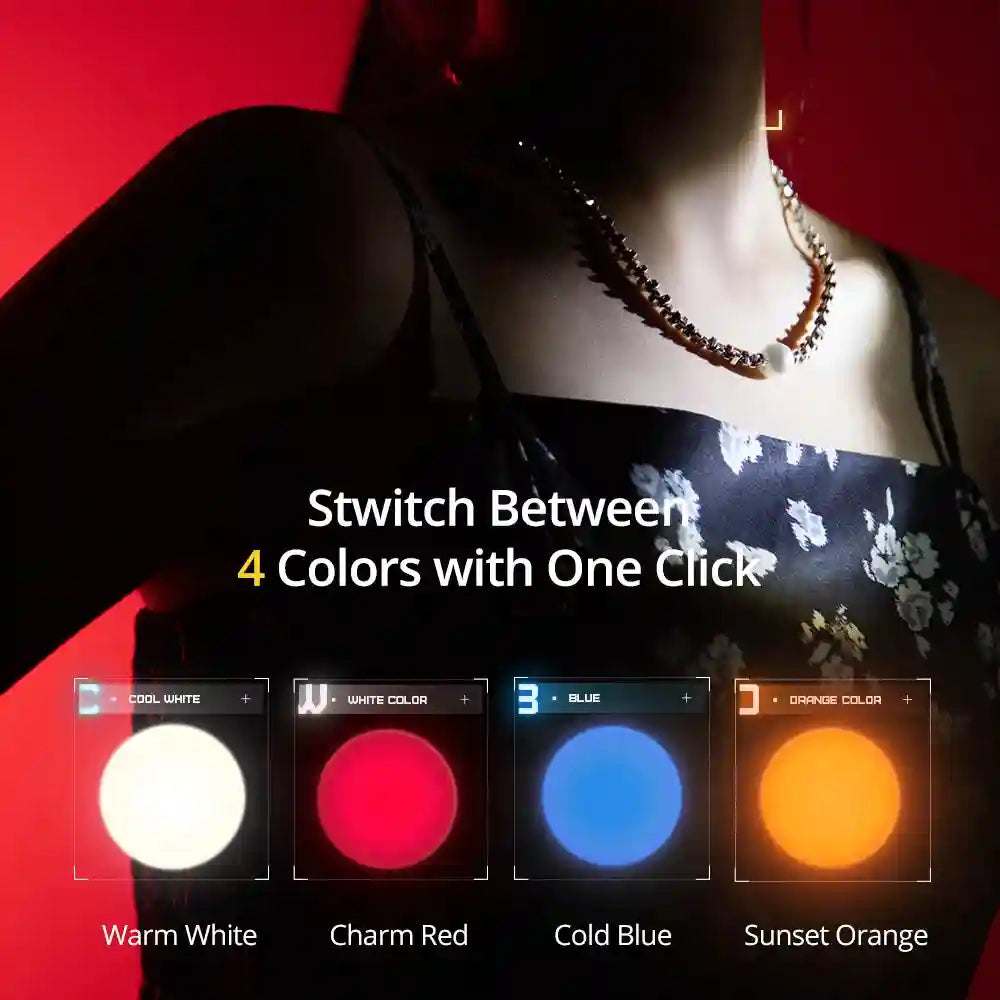 A necklace with a white pearl pendant and four color settings: cool white, red, blue, and sunset orange.
