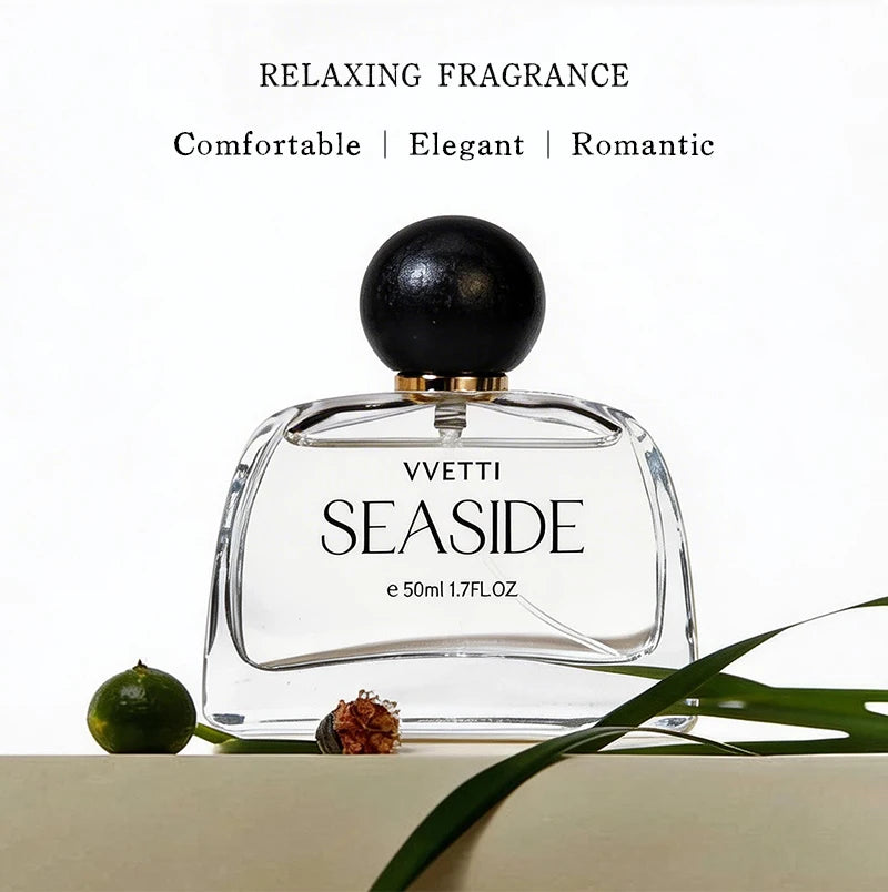 Vvetti Seaside luxury women’s floral perfume with lavender, gardenia, camellia notes in a sleek square glass bottle.
