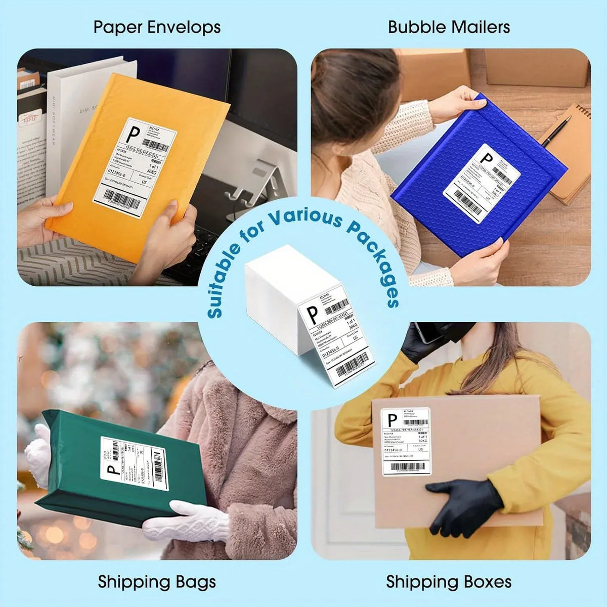 4x6 thermal shipping labels used on envelopes, mailers, and shipping boxes