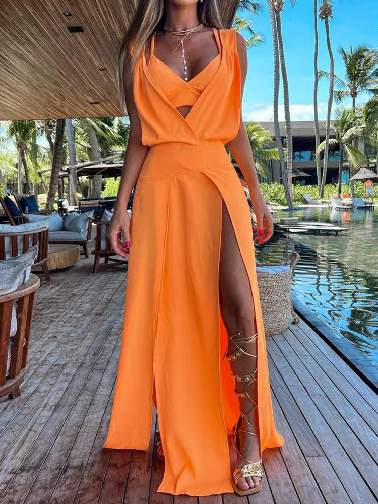 New Sexy Sets Women Summer Beach Style Printed Hollow Out Party Dress Outfit Deep V-Neck Bra Split Dress 2PCS Suits Dropshipping