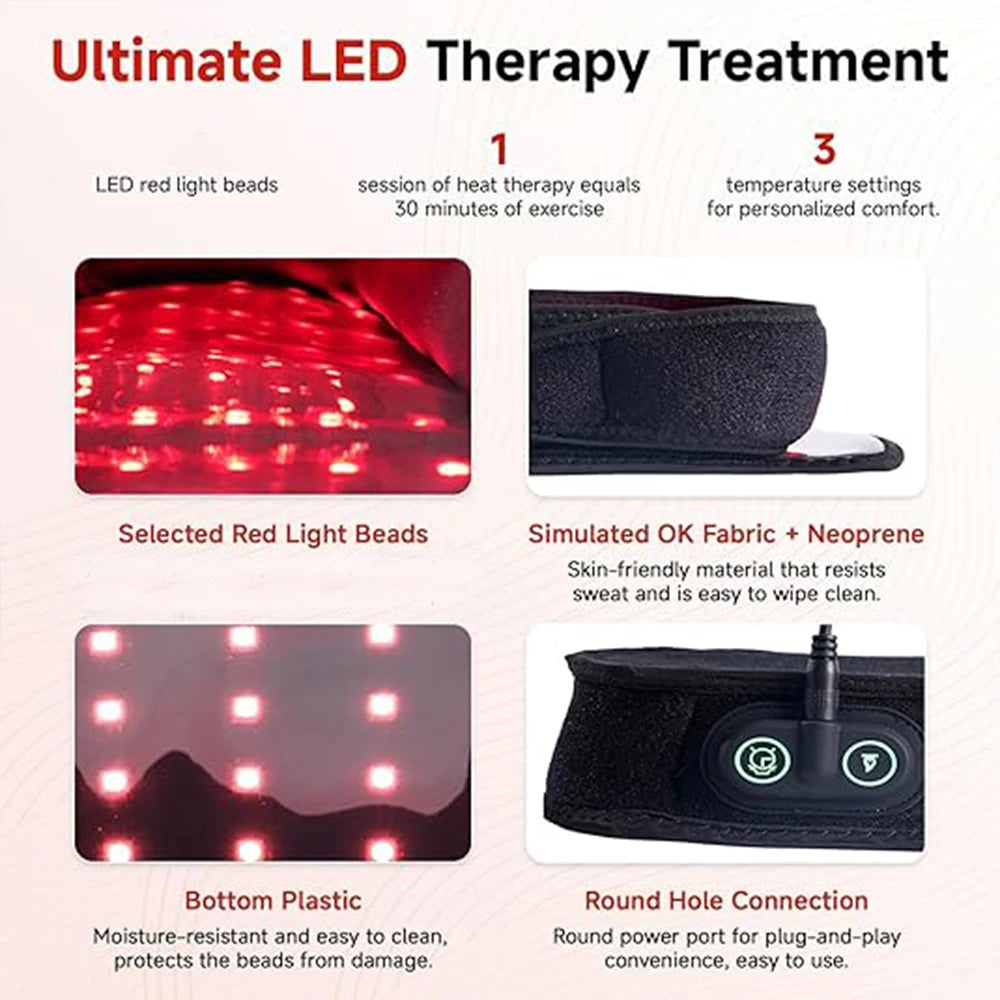 Red light therapy foot massage boots with infrared LED beads, neoprene material, and 3 heat settings for pain relief.