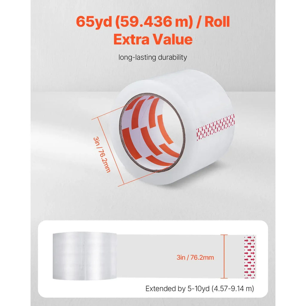 Clear 3-inch packing tape roll on core, close-up view with measurement graphic