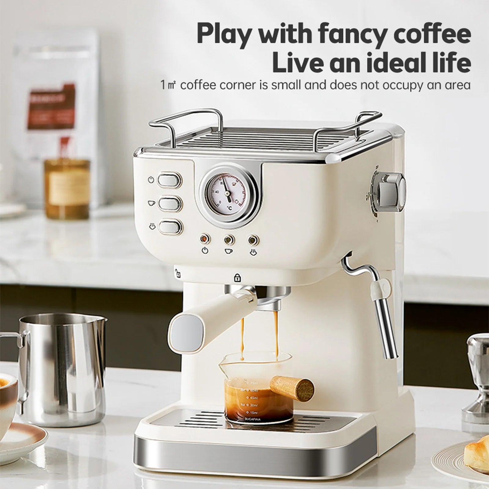Cream retro espresso machine with pressure gauge, steam wand, and portafilter brewing coffee on a kitchen counter.