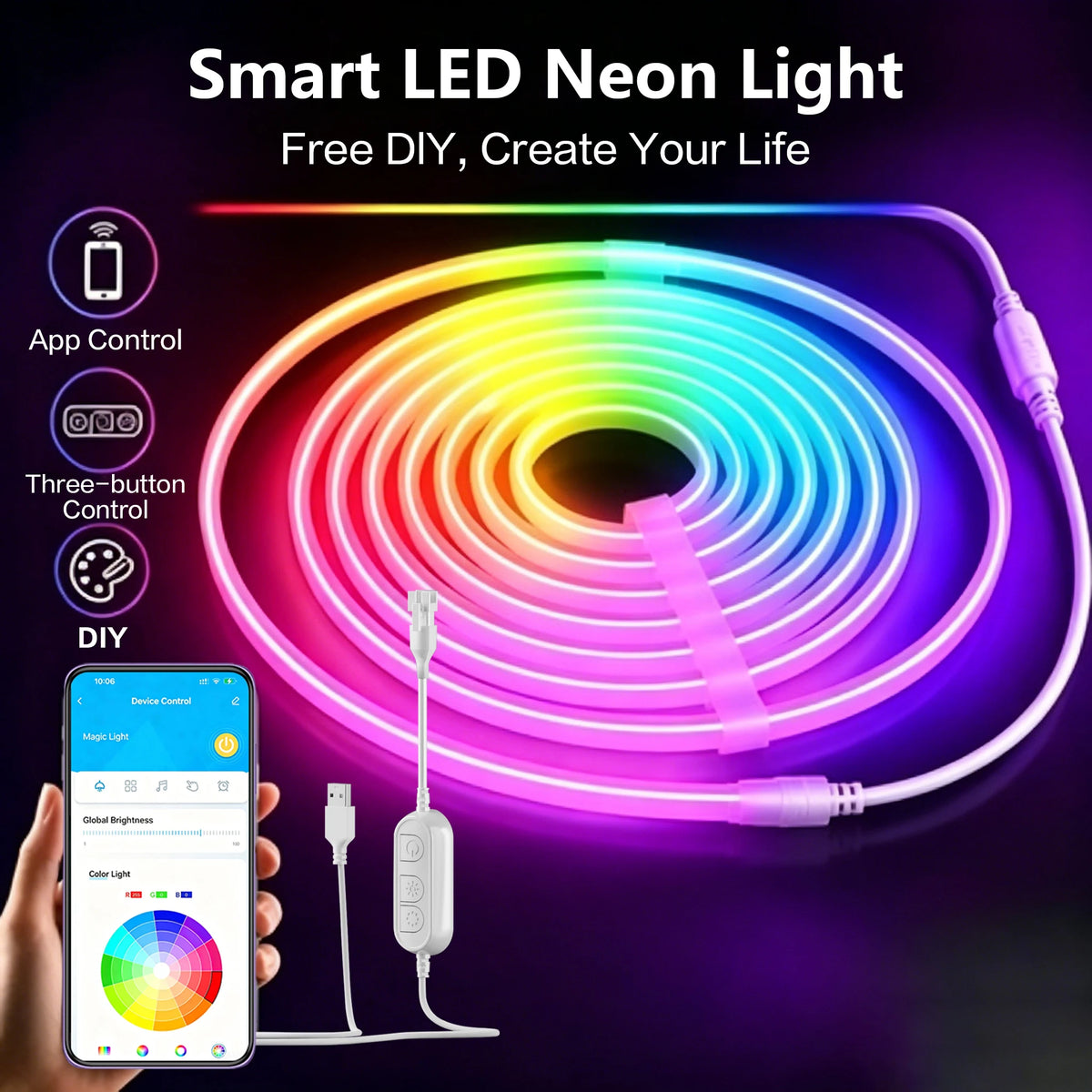 Coiled RGB LED neon light rope with smartphone app and USB control cable
